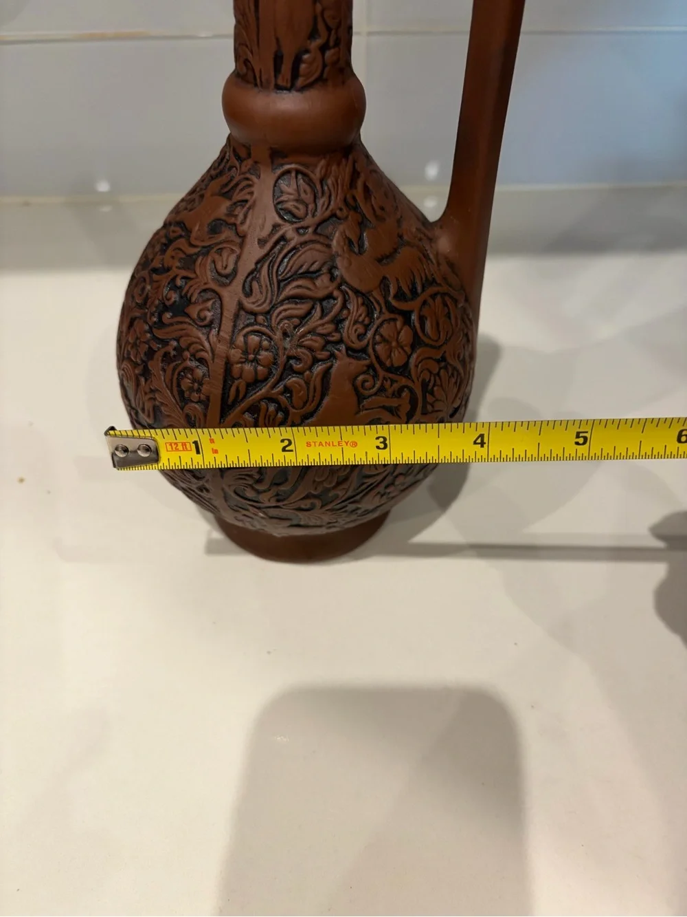 Vintage Handcrafted Brown Decorative Floral Pitcher Vase - Unbranded